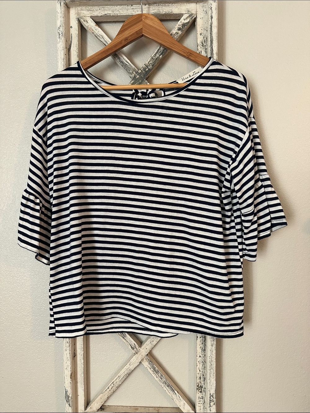 Vine & Love Navy & White Striped Boatneck Top with Flutter Sleeves